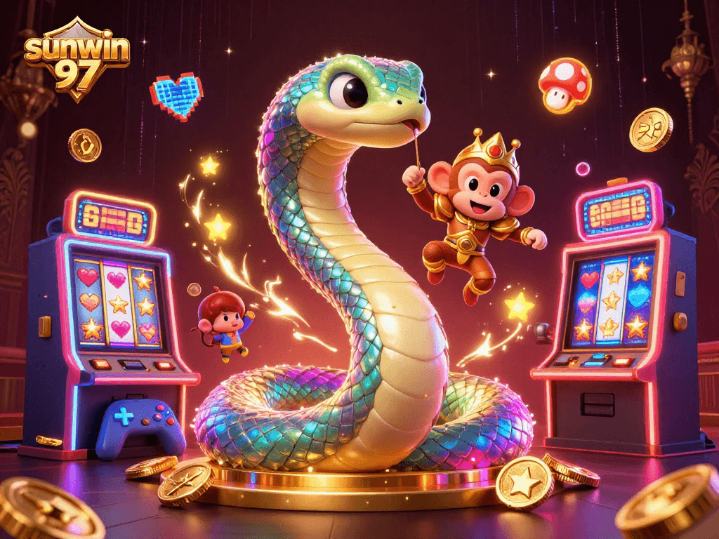 Engage with sunwin 97 at a vibrant casino scene featuring dynamic slot machines and animated characters.