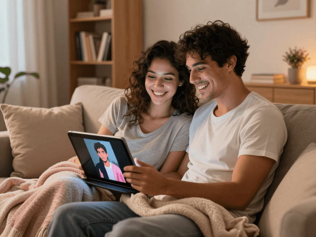 Couple enjoying an engaging ai porn chat experience on a tablet in a cozy living room.