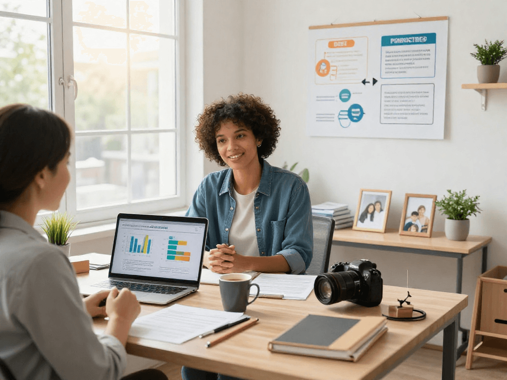 Couple discussing debt consolidation options with financial counselor in inviting office.