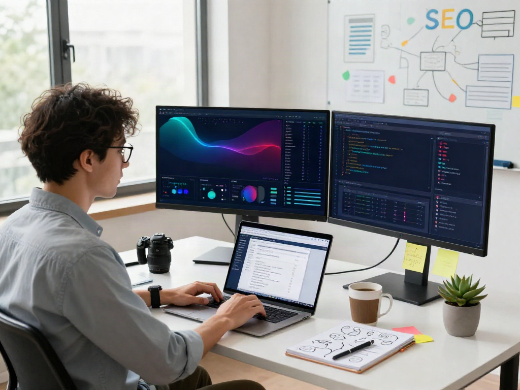 SEO analyst optimizing website performance with instant indexing tools in a modern tech workspace.