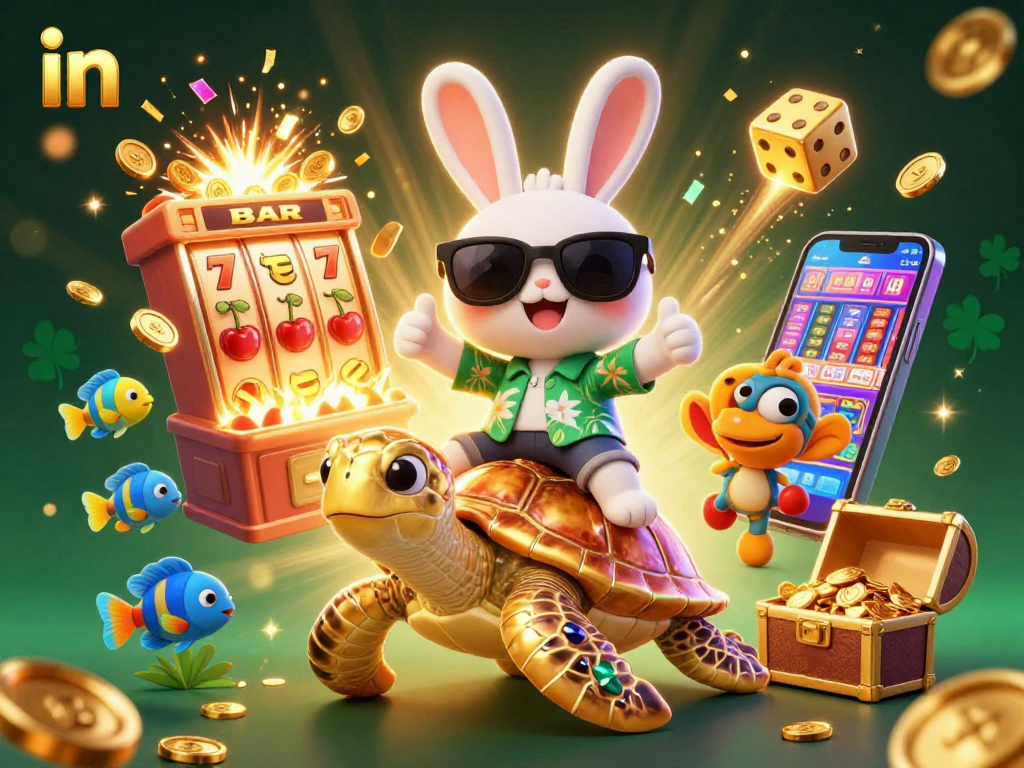Spin for fun in a vibrant scene with a lucky rabbit, sea turtle, and casino elements!