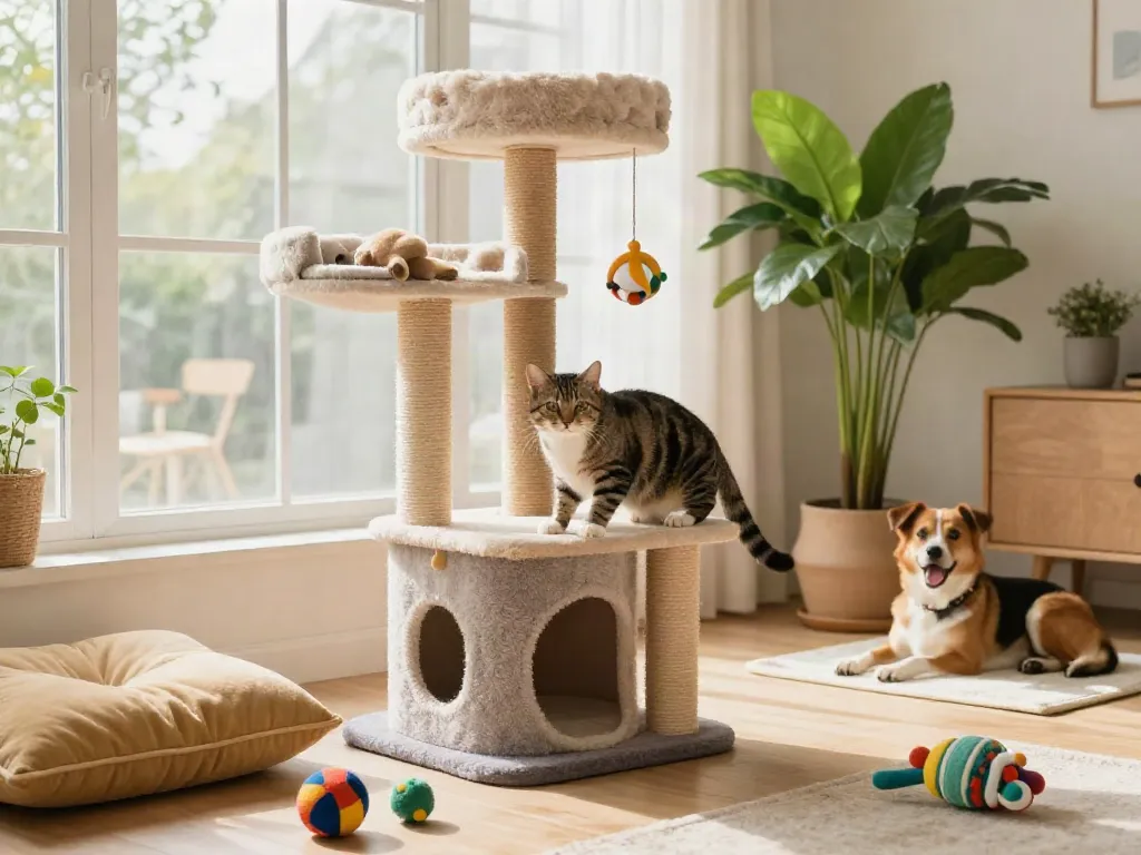 Playful tabby cat climbing modern cat trees in a bright living room.