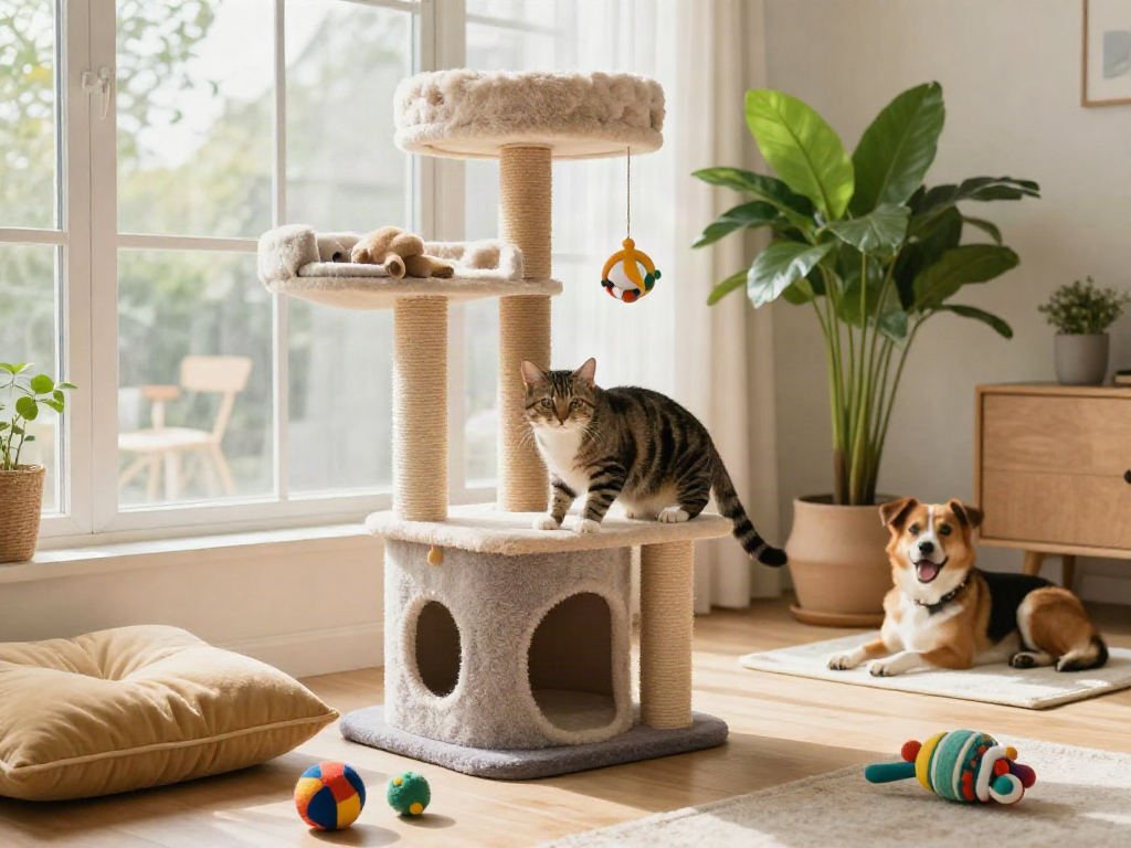 Playful tabby cat climbing modern cat trees in a bright living room.