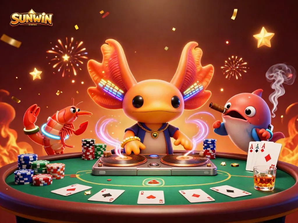 SUNWIN offers an energetic casino experience with a neon DJ and vibrant characters celebrating around poker tables.