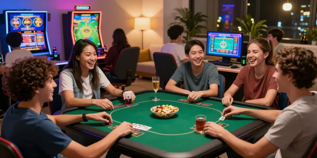 Exciting gaming atmosphere featuring friends engaging with https://tx88bet.vip/ on colorful gaming equipment, surrounded by various games.