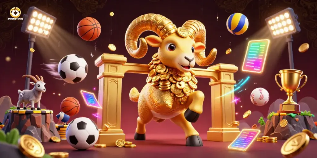 Experience the thrill of sports betting with sumseltoto, featuring a dynamic ram charging at a golden gate.