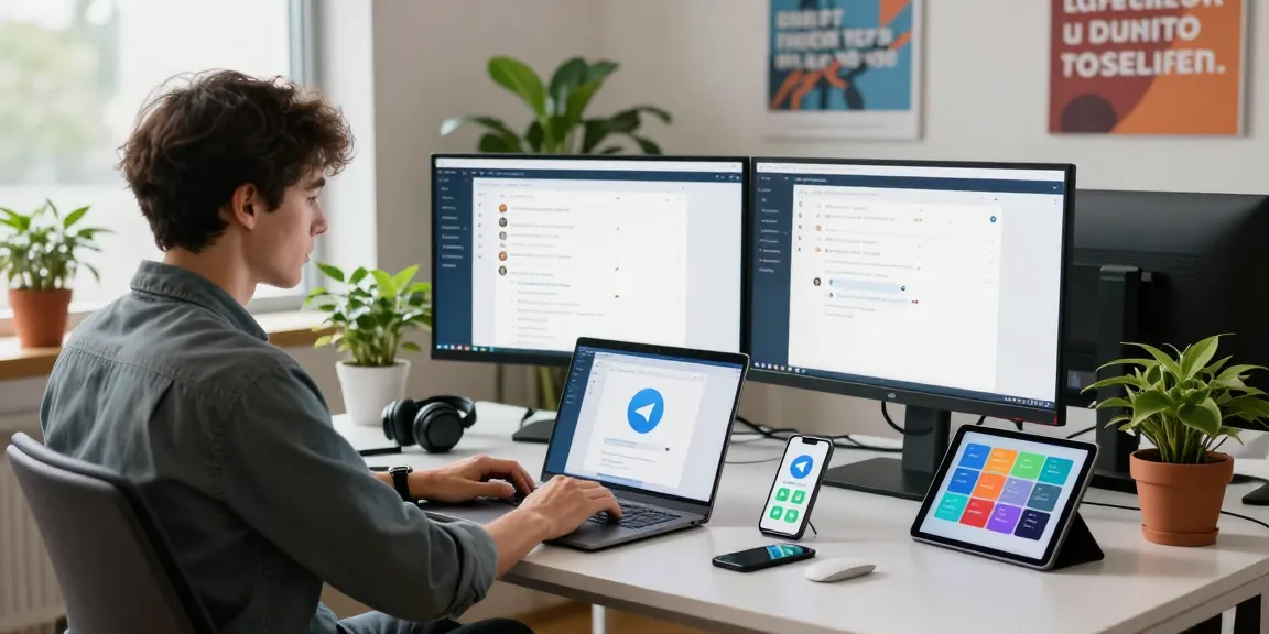 Connecting effortlessly on Telegram网页版 in a modern tech workspace with dual monitors and vibrant plants.