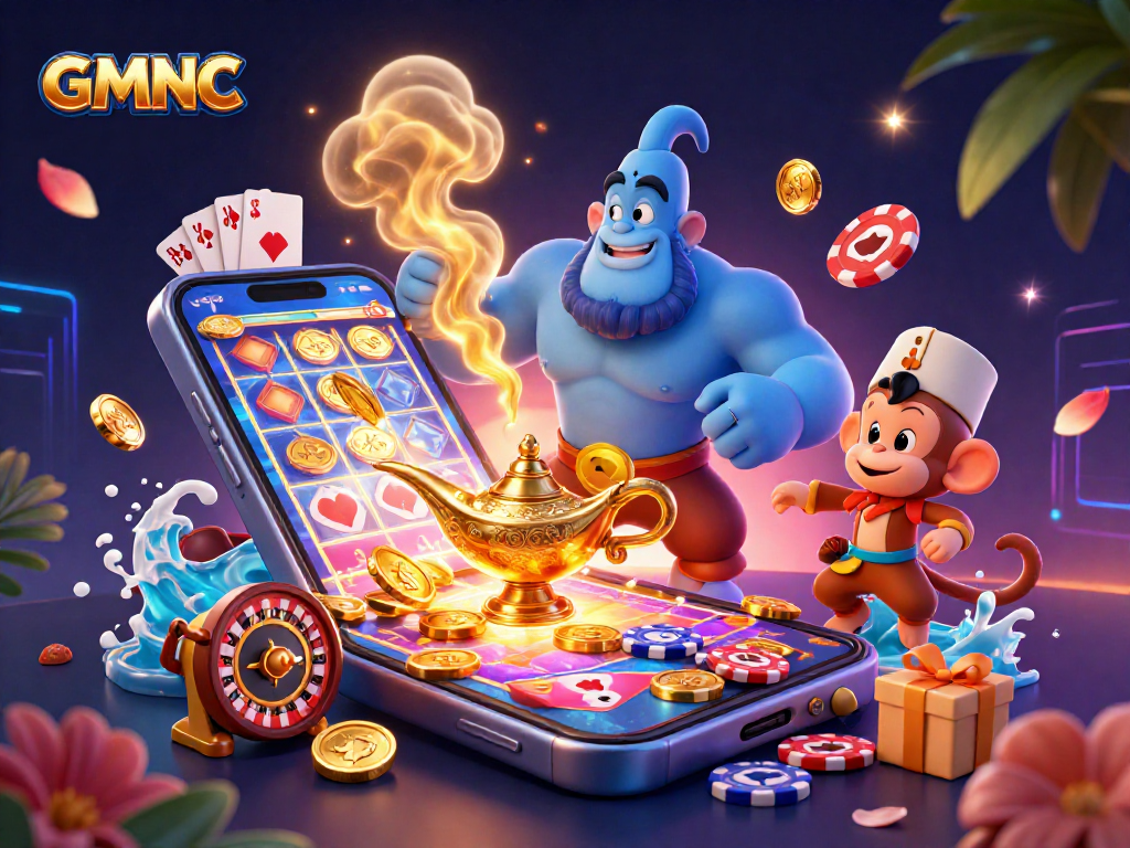 Experience the magic of GMNC with a vibrant 3D illustration of a genie and casino elements.