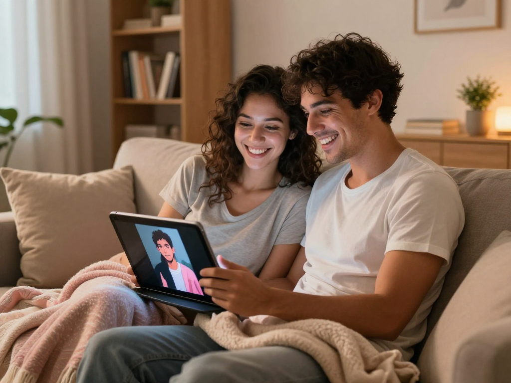 Couple enjoying an engaging ai porn chat experience on a tablet in a cozy living room.