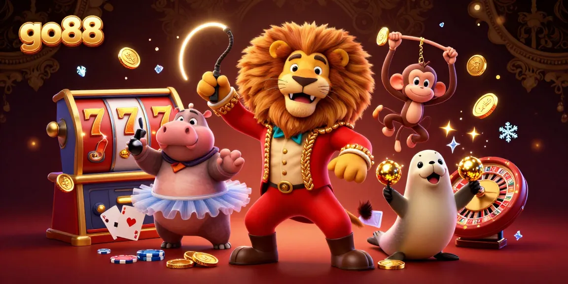 Engage with go88's premium gaming scene featuring a circus ringmaster and interactive casino elements.