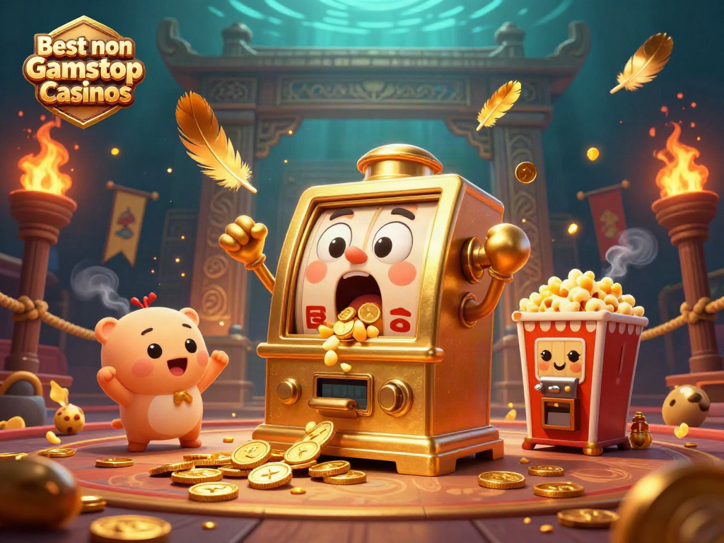 Experience excitement at the Best non Gamstop Casinos with playful slot machines celebrating their jackpot wins.