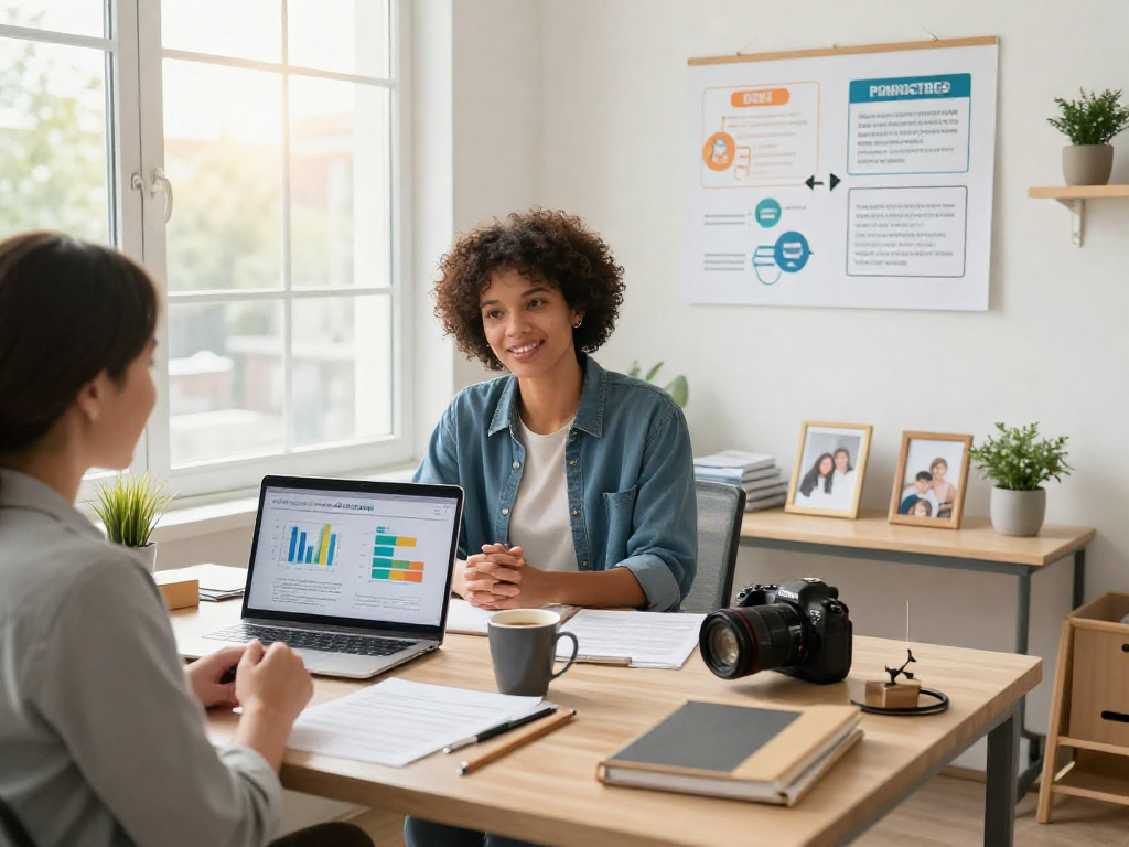 Couple discussing debt consolidation options with financial counselor in inviting office.