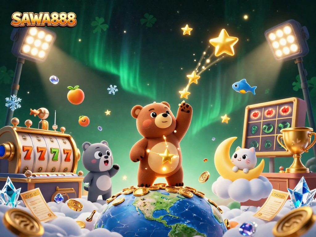 SAWA888 showcases an enchanting scene featuring slot elements and constellation characters, evoking excitement.