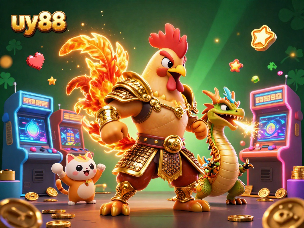 Get ready to win with uy88 as a fighting rooster warrior battles alongside a dragon hatchling in a vibrant casino scene.