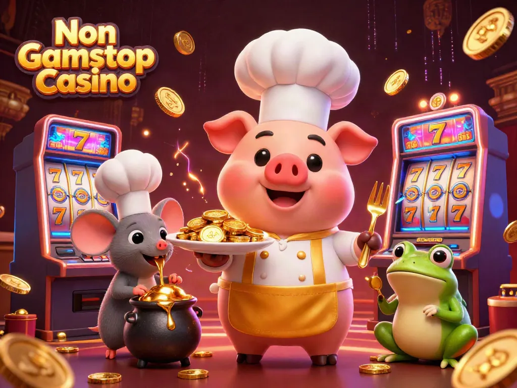 Experience the thrill of Non Gamstop Casino with a vibrant 3D illustration featuring casino characters and elements.