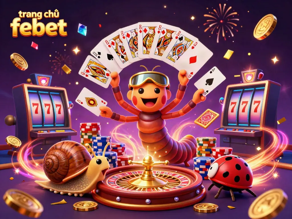 Experience excitement at trang chủ febet with a vibrant scene featuring animated casino elements, dealer and high-roller characters.