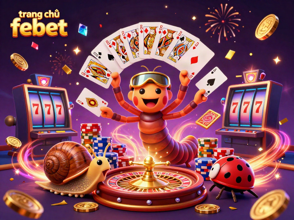 Experience excitement at trang chủ febet with a vibrant scene featuring animated casino elements, dealer and high-roller characters.