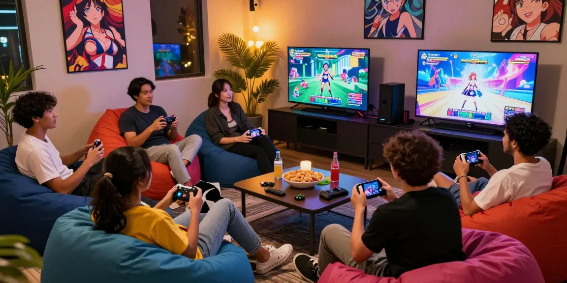 Friends enjoying a variety of hentai games in a vibrant lounge, capturing the essence of adult gaming interactions.