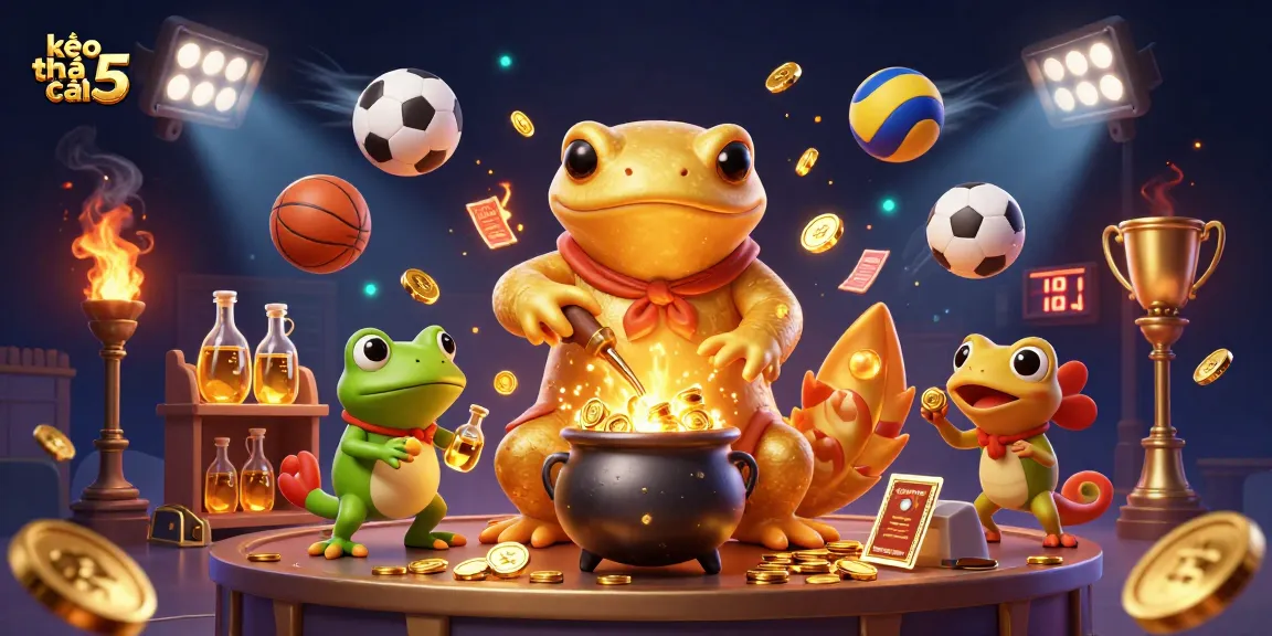 Engaging visualization of kèo nhà cái 5 betting scene with playful characters and dynamic sports elements.
