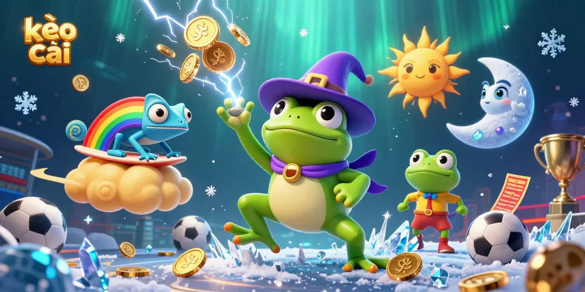 Engage with kèo nhà cái in this vibrant 3D scene showcasing a playful frog and chameleon amidst sports betting elements.