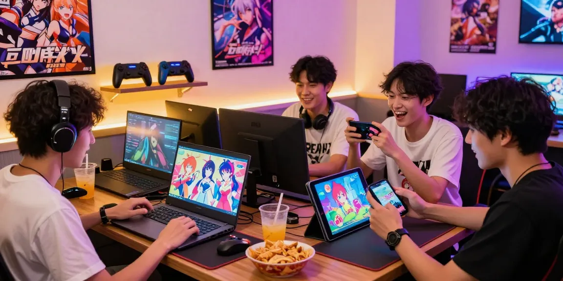 Friends enjoying ecchi games on multiple devices in a vibrant gaming lounge.