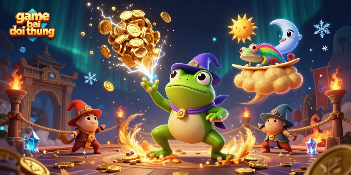 Engage with exciting game bai doi thuong in an enchanting casino illustration featuring a wizard frog and rainbow chameleon.