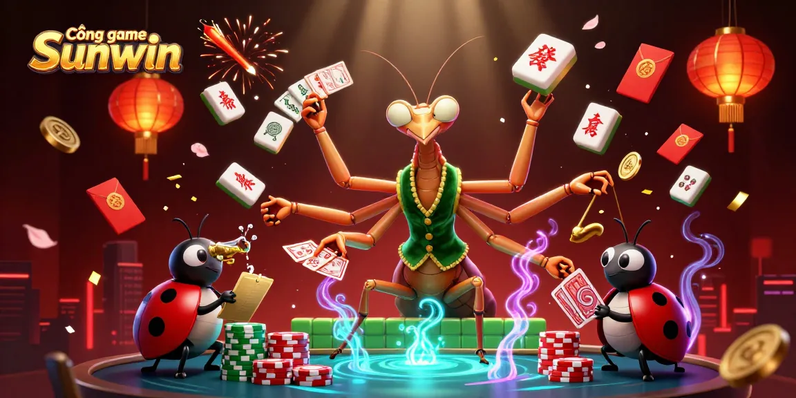 Cổng game Sunwin showcases a vibrant casino scene with a giant mantis card sharp and ladybug pit boss in action.