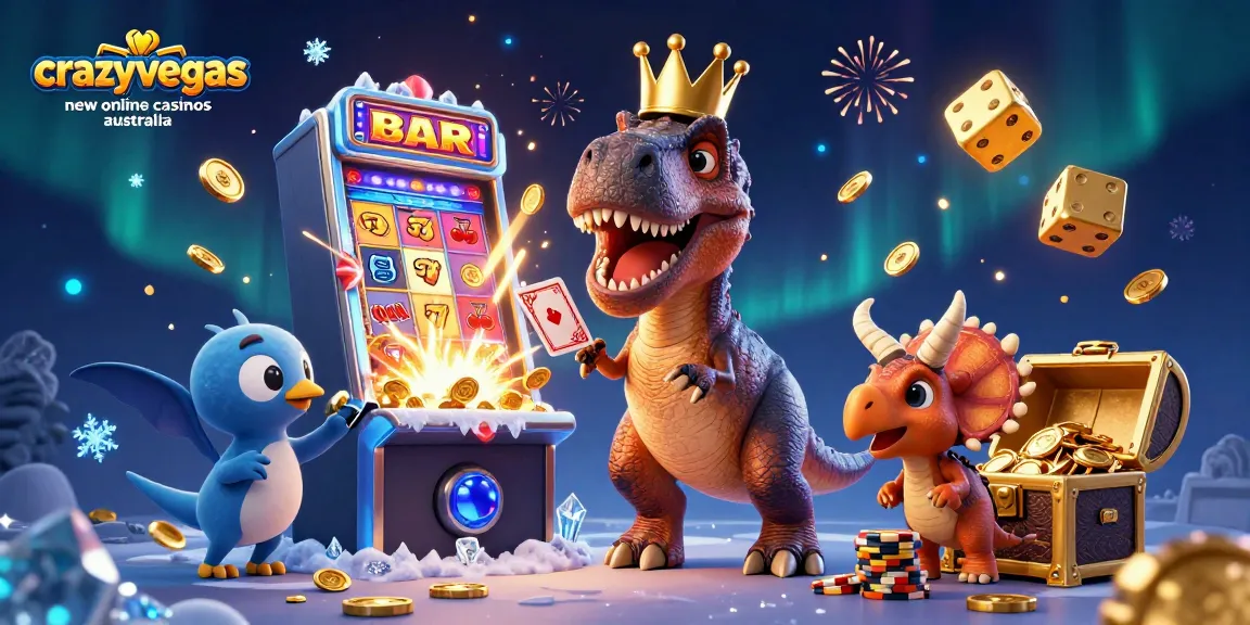 Play and win at crazyvegas new online casinos australia with a fun T-Rex, pterodactyl, and triceratops in this vibrant scene.