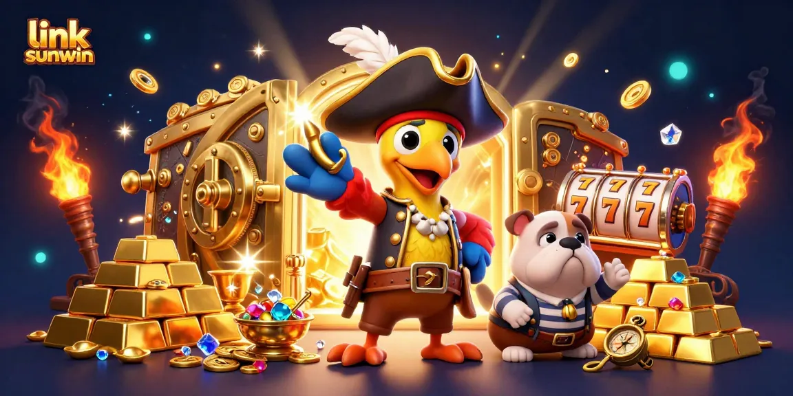 Experience thrilling wins with link sunwin in a lively casino adventure featuring cartoon characters and shimmering treasures.
